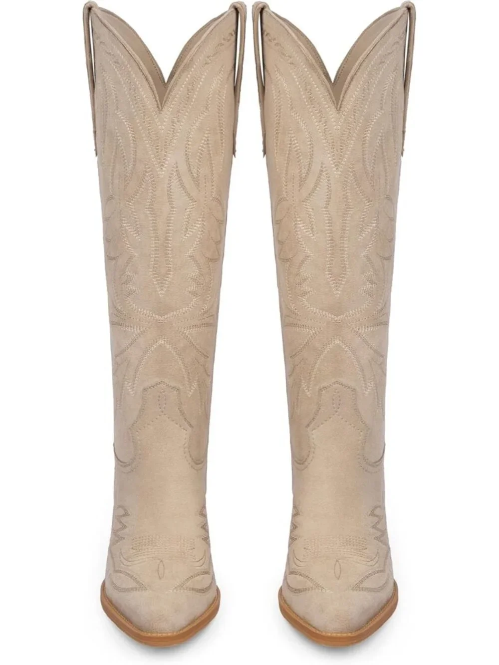 Women's Suede tan Knee High Boots Embroidered Pull on Pointed Toe Chunky Heel